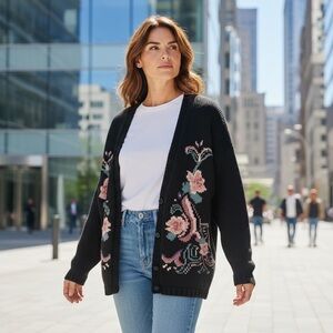 Margules Plus Floral Cardigan 20W | Black Ramie Cotton Grandmacore Sweater VTG